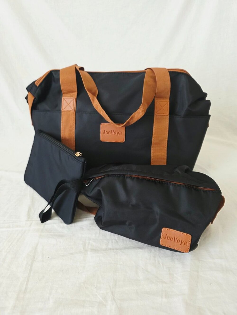 NWOT! 3-Pc Travel Set -Black & Brown Tote Bag, Cosmetics Case, Accessories Pouch